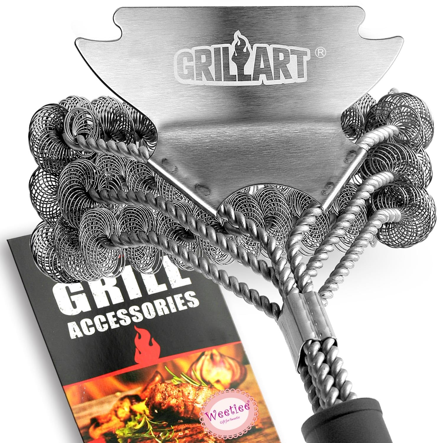 GRILLART Bristle-Free Grill Brush and Scraper - Stainless Steel BBQ Grill Cleaner Tool for Porcelain, Weber Gas & Charcoal Grills - Safe Grill Accessories for Men, Dad & Grill Masters - Perfect for Backyard BBQs, Camping & Outdoor Cooking
