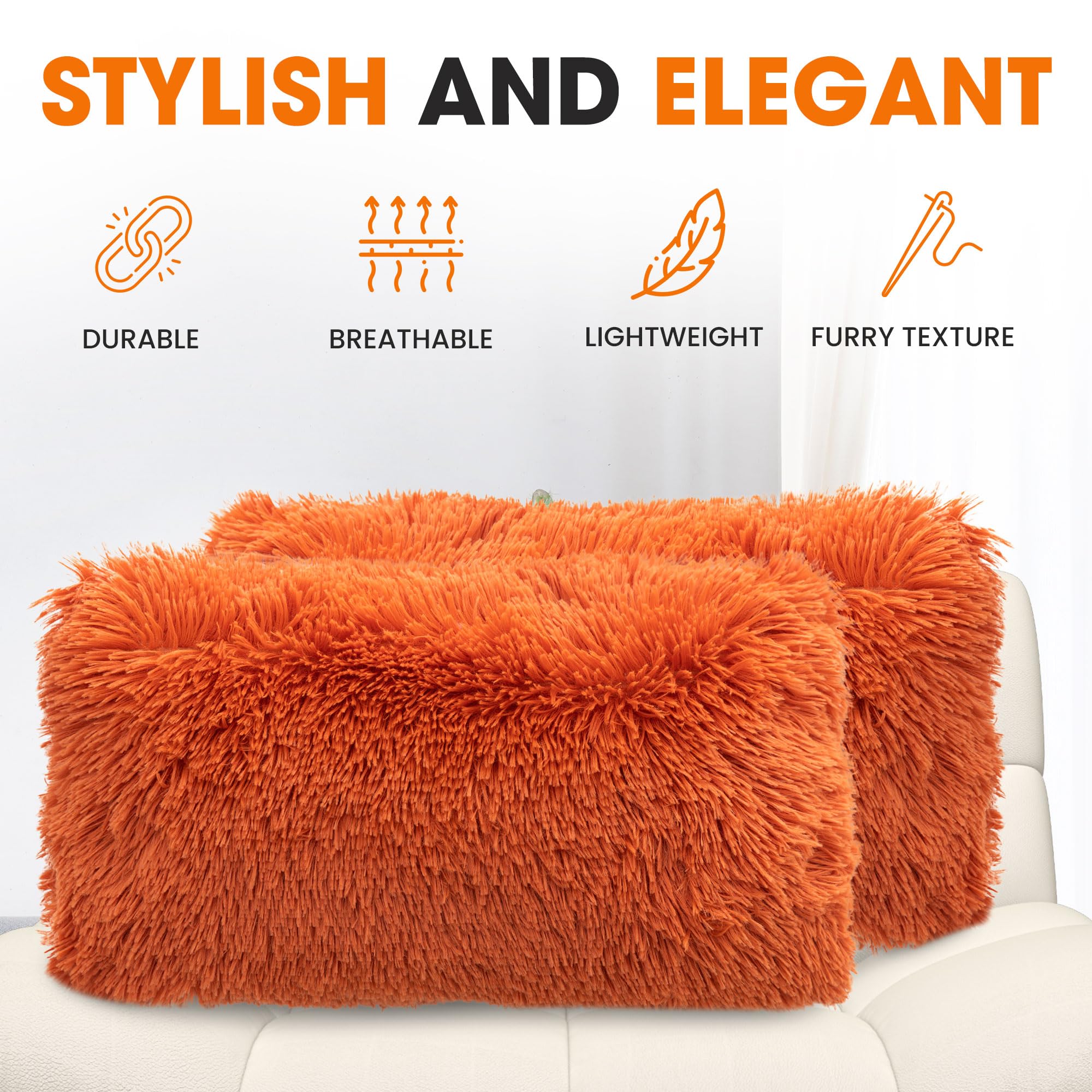 Soft Shaggy Throw Pillows Set of 2 (12x20 Inches) - Rust Orange Faux Fur Couch & Bed Pillows with Inserts Included - Cozy Long Hair Decorative Pillows for Living Room, Bedroom & Home Decor