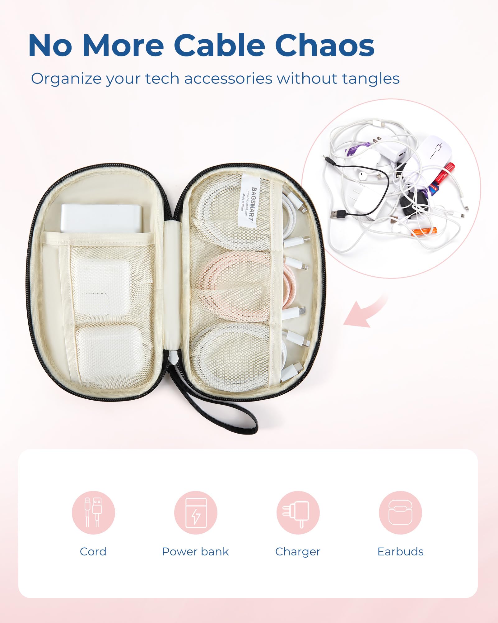 BAGSMART Travel Electronics Organizer - Puffer Cable Organizer Bag for Charger, Phone, Flash Drive & Accessories | Compact Tech Case for Women | Perfect for Business Trips, Vacations & Daily Commute (Black)