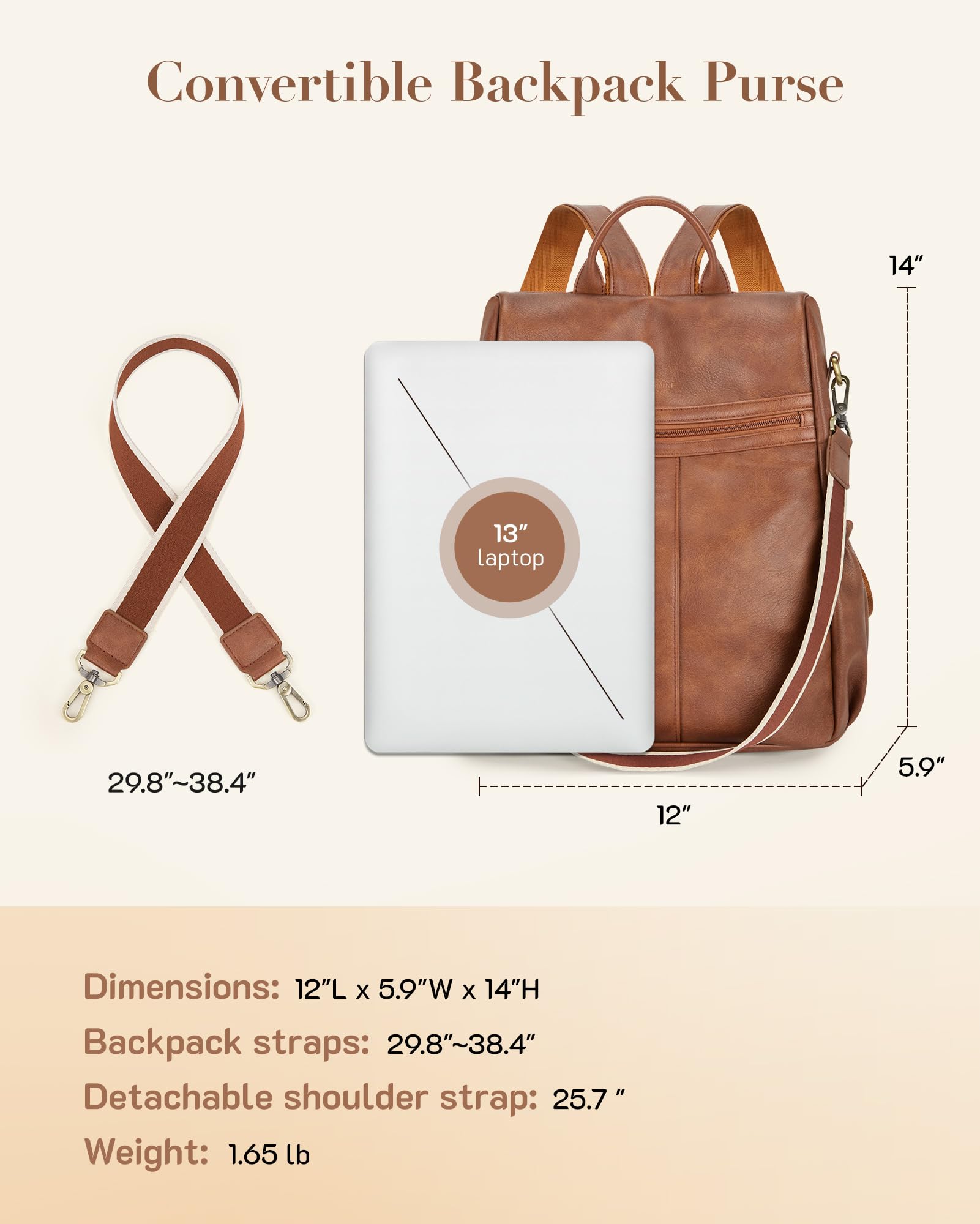 Missnine Women's PU Leather Anti-Theft Backpack Purse - Convertible Shoulder Bag & Satchel for Travel, Work & Daily Use - Stylish Brown Handbag for Commuting, Business Trips & College Campus Life