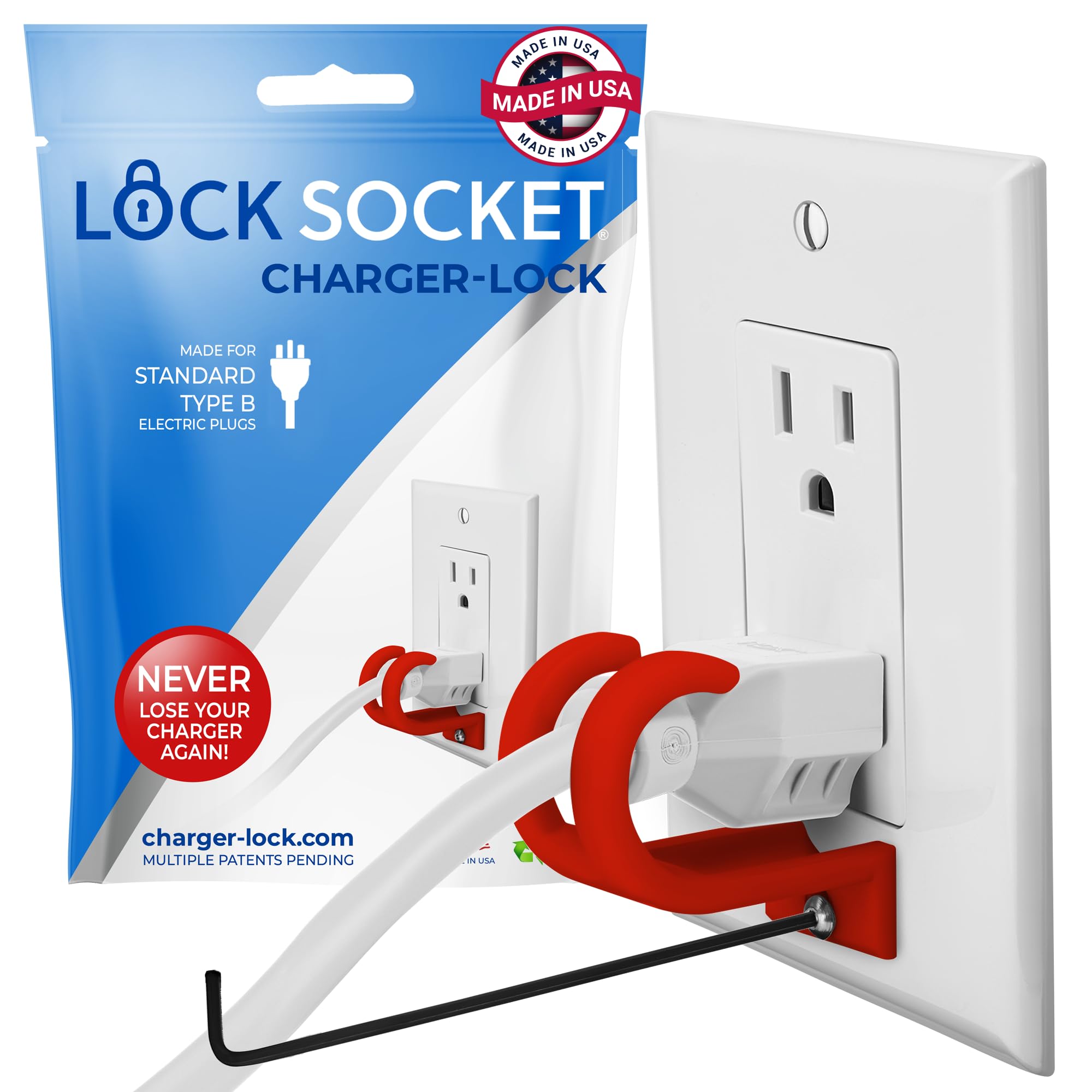 LOCK SOCKET Red Anti-Theft Outlet Lock - Secure 3-Prong Plugs, Childproof Electrical Socket Protector with Security Screw & Allen Wrench - Ideal for Home, Office & Public Spaces to Prevent Unplugging