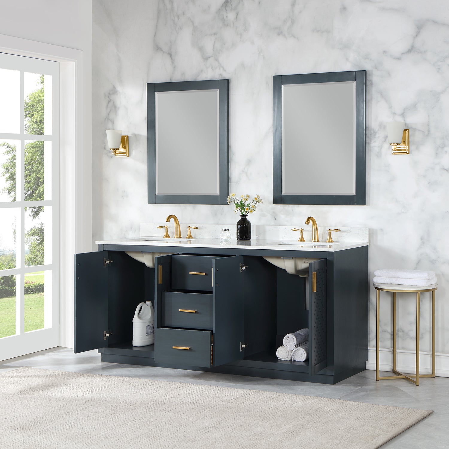 Gazsi 72 Inch Double Sink Bathroom Vanity Set with White Composite Stone Countertop - Modern Farmhouse Style for Master Bath or Guest Bathroom