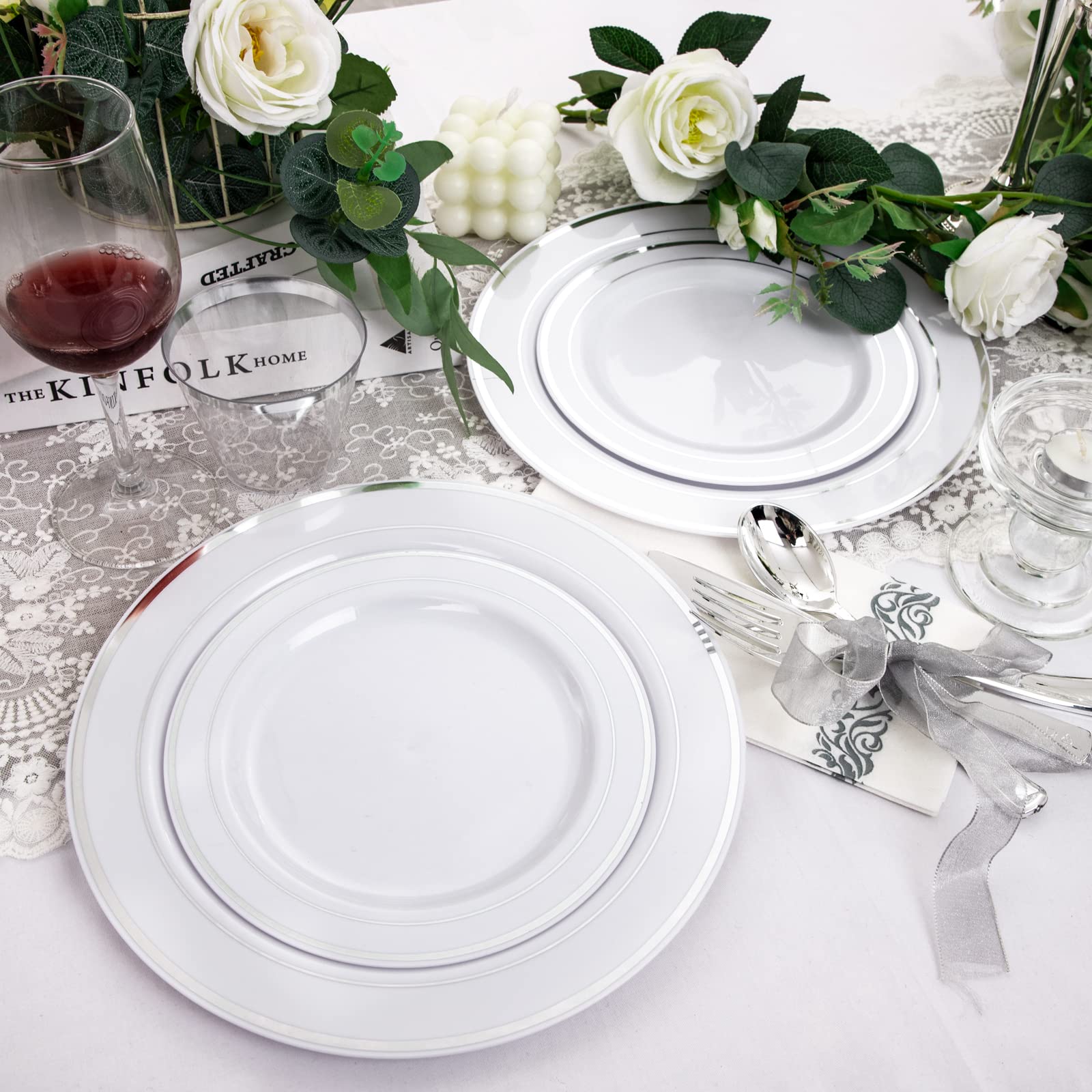 350PCS Silver Plastic Dinnerware Set for 50 Guests - Disposable Silver Plates, Forks, Knives, Spoons, Cups & Napkins for Party, Wedding, Christmas & Events | Elegant & Convenient Tableware Solution