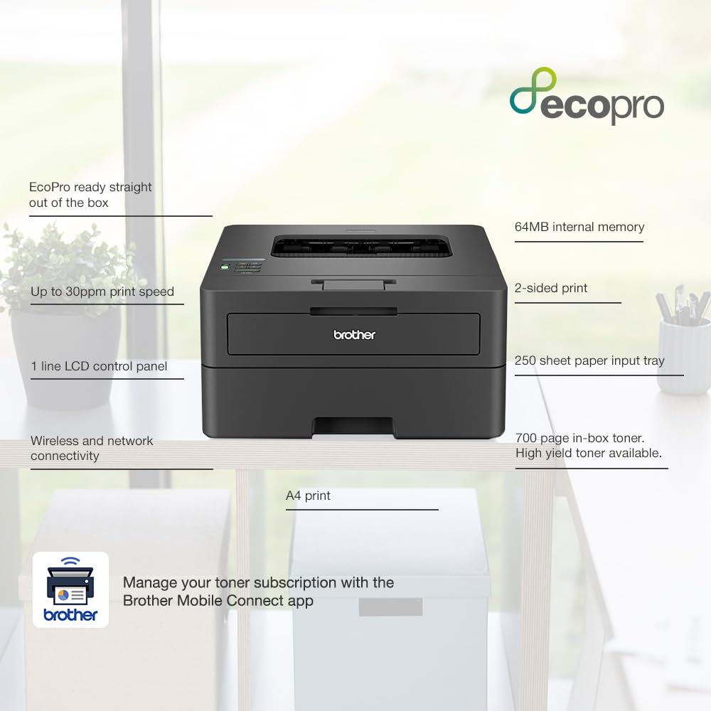 Brother HL-L2400DWE Monochrome Laser Printer with EcoPro Subscription - Single Function, Auto Duplex Printing, A4 Paper Size | 4 Months Free Trial & Automatic Toner Delivery (UK Plug) | Perfect for Home Office & Small Business Printing Needs