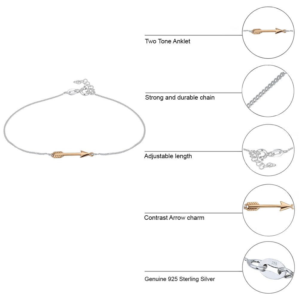 925 Sterling Silver Rose Gold Plated Arrow Charm Two-Tone Anklet for Women - Elegant Handcrafted Adjustable Chain Ankle Bracelet (9