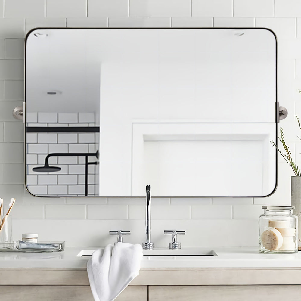 Tilting Rectangular Pivot Mirror for Bathroom & Vanity - Stainless Steel Frame | Space-Saving Wall Mounted Mirror for Makeup, Shaving & Home Decor