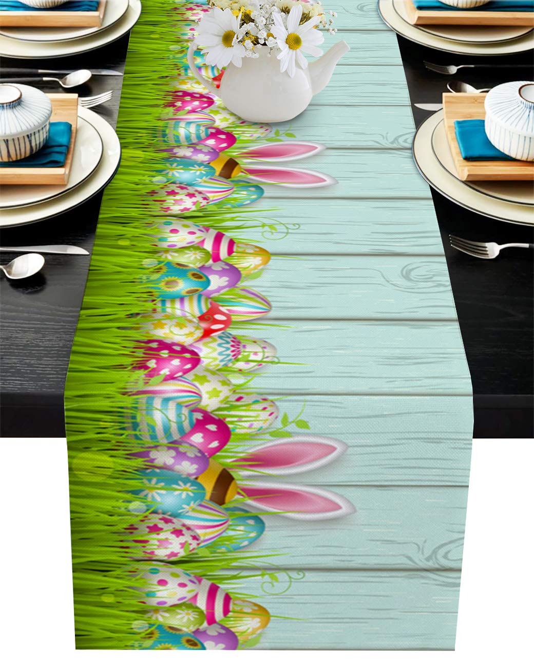 Easter Table Runner 36 Inches - Cotton Linen Decorative Tablecloth with Easter Eggs & Bunny Design for Spring Kitchen, Dining, Party, Wedding - Perfect for Holiday Decorations & Home Decor