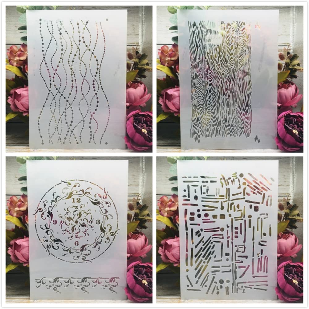 4Pcs A4 29cm Thin Line Wooden Dial Planner Stencils for DIY Scrapbooking, Wall Painting, Card Making & Album Decorating - Perfect for Bullet Journal, Art Projects and Crafting