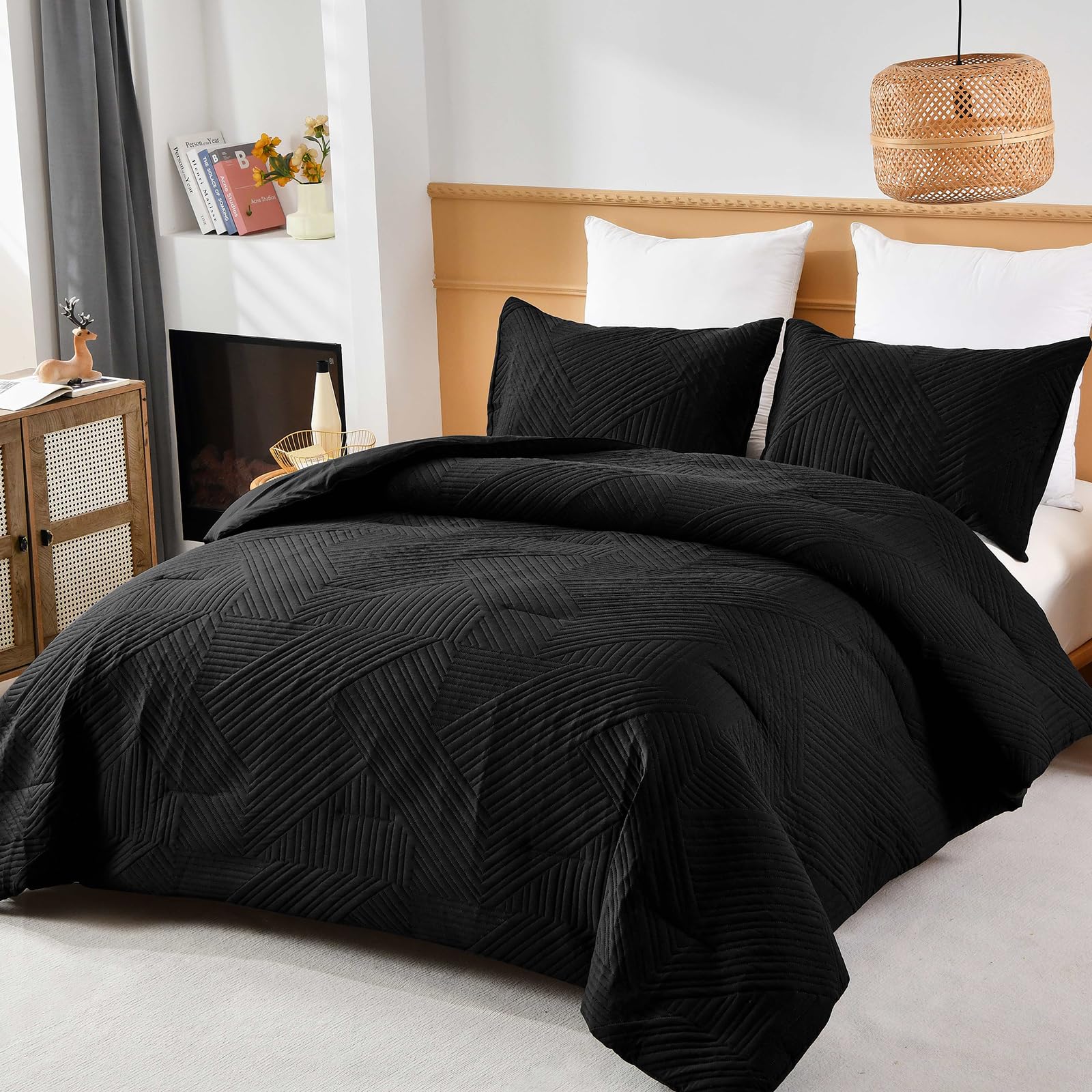 WONGS BEDDING Black Comforter Set Queen Size (90×90 Inches) - 3 Piece Reversible Soft Microfiber Boho Geometric Textured Bedding with 2 Pillowcases | Ultrasonic Quilted Design for Cozy Bedroom Decor & Guest Room Essentials