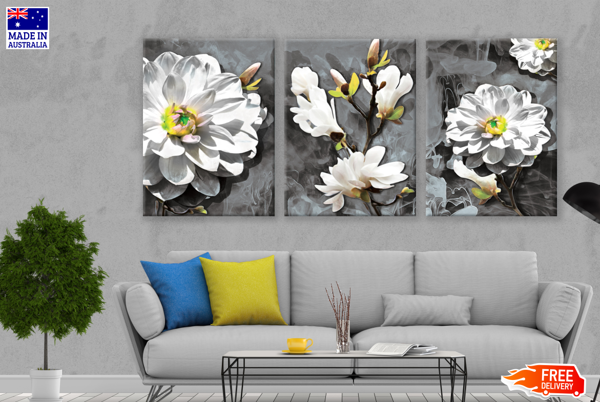 3-Piece White Floral Canvas Wall Art Set - Premium Quality 100% Australian Made - Ready to Hang - Perfect for Living Room, Bedroom & Office Decor