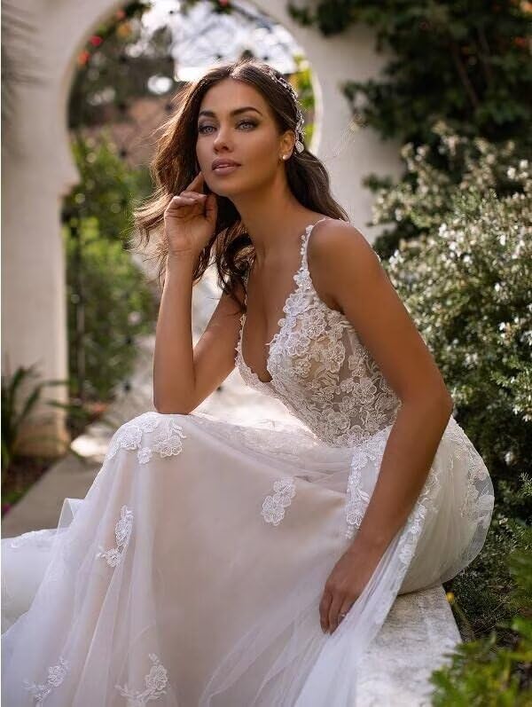 Elegant V-Neck Sleeveless Tulle Wedding Dress with Lace Applique & Long Train - A-Line Flowy Bridal Gown for Bride | Perfect for Church Ceremonies, Beach Weddings & Formal Receptions