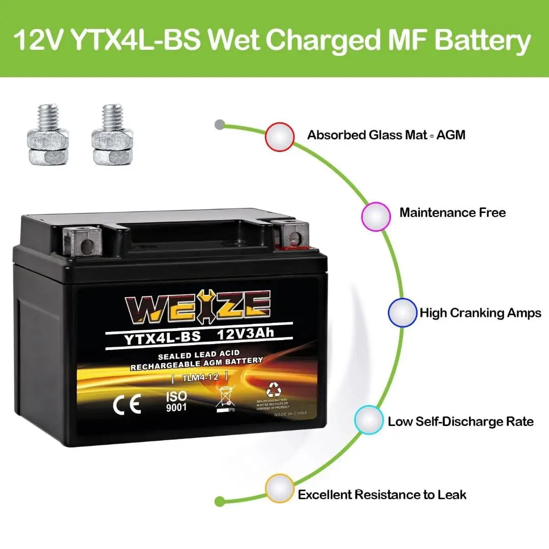 WEIZE YTX4L-BS 12V 3Ah High Performance AGM Sealed Motorcycle Battery - Compatible with Polaris Scrambler, Sportsman 90, Honda NQ50 Spree, Kawasaki 110, Can-Am DS70, Yamaha TTR125E/LE - Perfect for ATVs, Scooters & Dirt Bikes - Maintenance-Free & Long-Lasting Power Solution