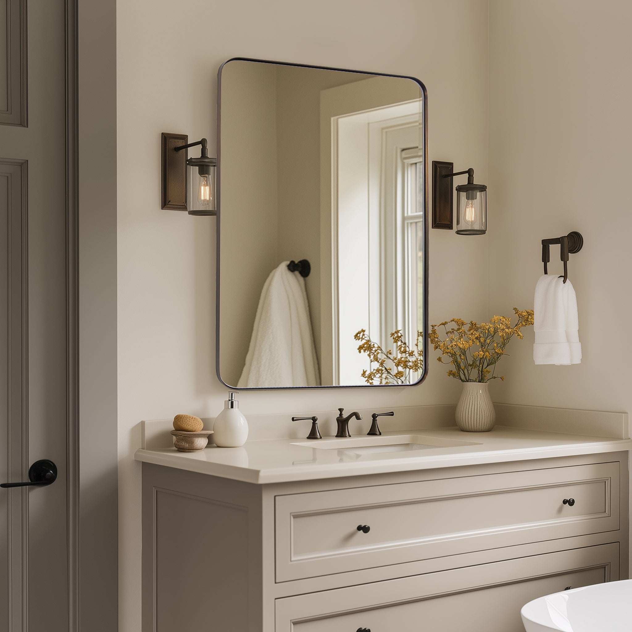 Modern Rounded Rectangle Bathroom Mirror with Stainless Steel Frame - Perfect for Vanity, Wall Decor & Home Decoration