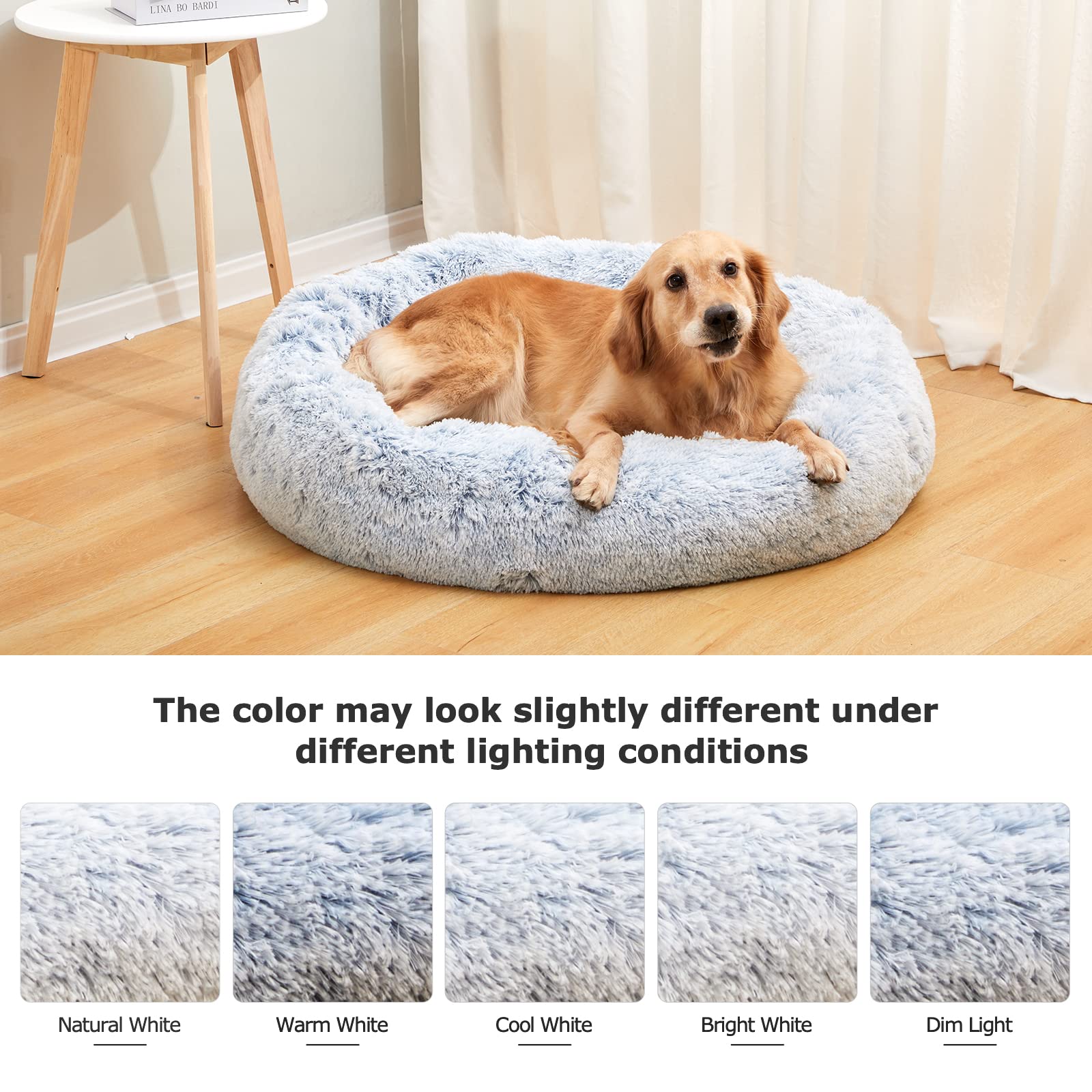 Calming Donut Dog Bed for Large Dogs - 36 Inch Round Fluffy Anti-Anxiety Pet Bed | Machine Washable Plush Dog Bed in Light Blue | Perfect for Crate Training, Anxiety Relief & Cozy Napping