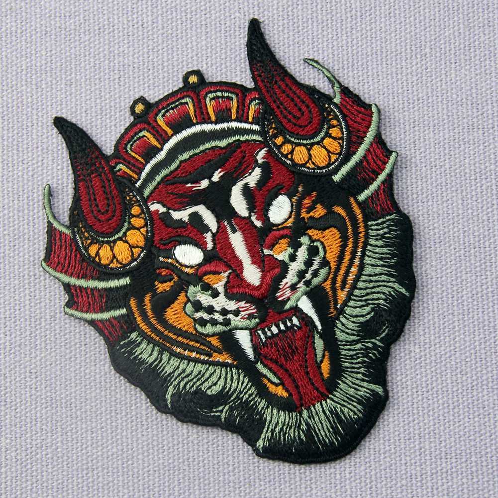 Chinese Monster Lion Mask Patch - Embroidered Iron On & Sew On Applique Emblem for Costumes, DIY Crafts, and Festival Decorations