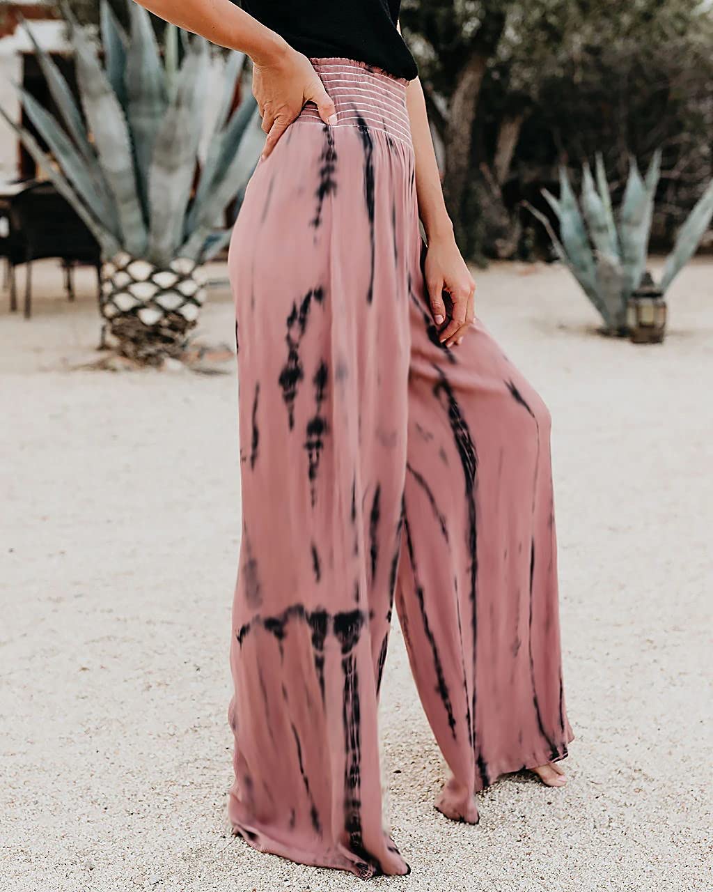 Plustrong Women's Wide Leg Boho Pants - Smock Waist Yoga Palazzo Trousers for Summer & Beach Wear | Perfect for Yoga, Vacation & Boho Fashion Outfits
