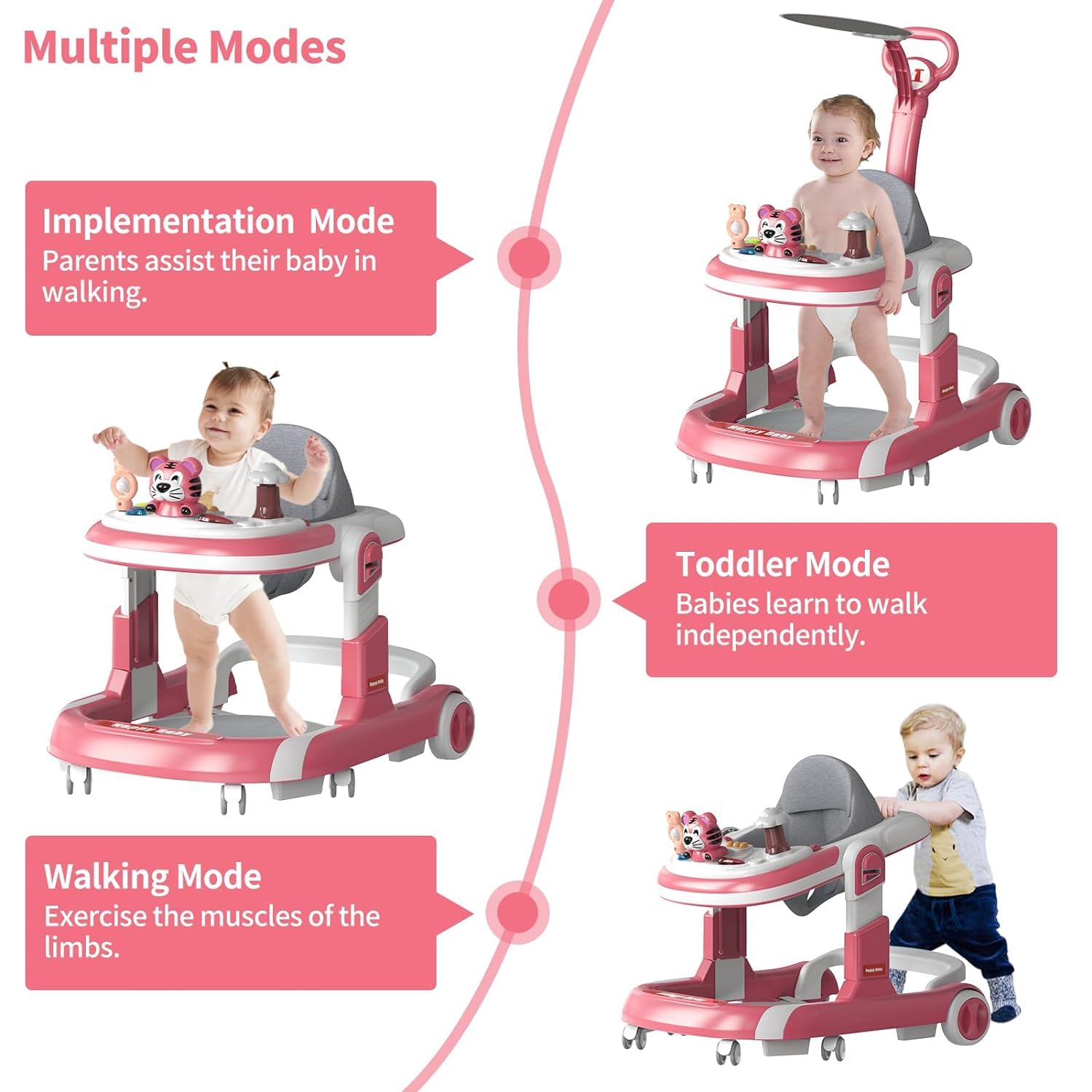 Premium Baby Walker with Wheels & Activity Center - Foldable Infant Toddler Walker for Boys & Girls 6-18 Months | Adjustable Height, Foot Pads & Toys | Perfect for Learning to Walk & Indoor Playtime (Pink)