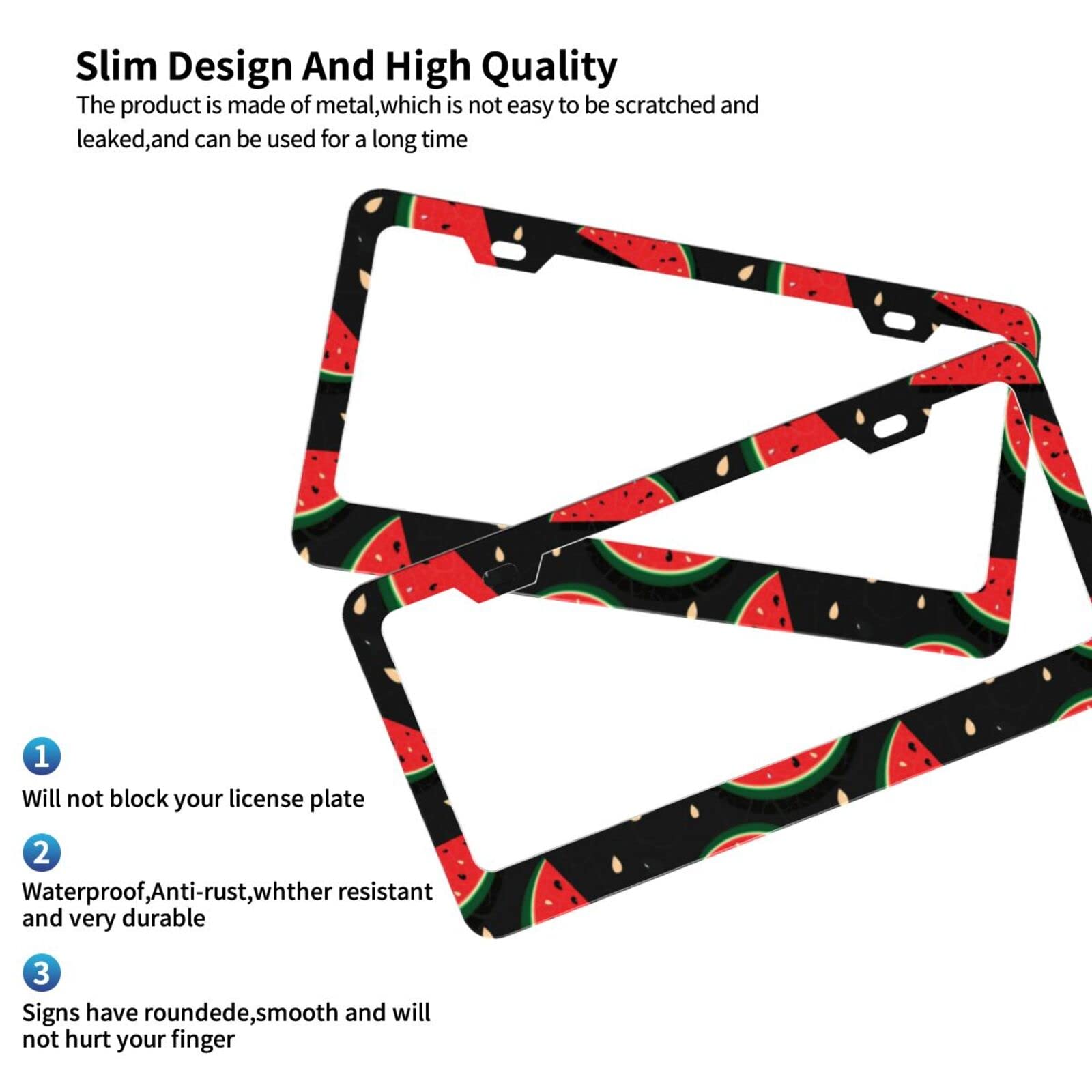 2pcs Matte Aluminum License Plate Frames with Black Screw Caps - Watermelon Fresh Slices Design, 2 Hole US Car License Plate Covers for Men & Women - Perfect for Customizing Your Vehicle's Look
