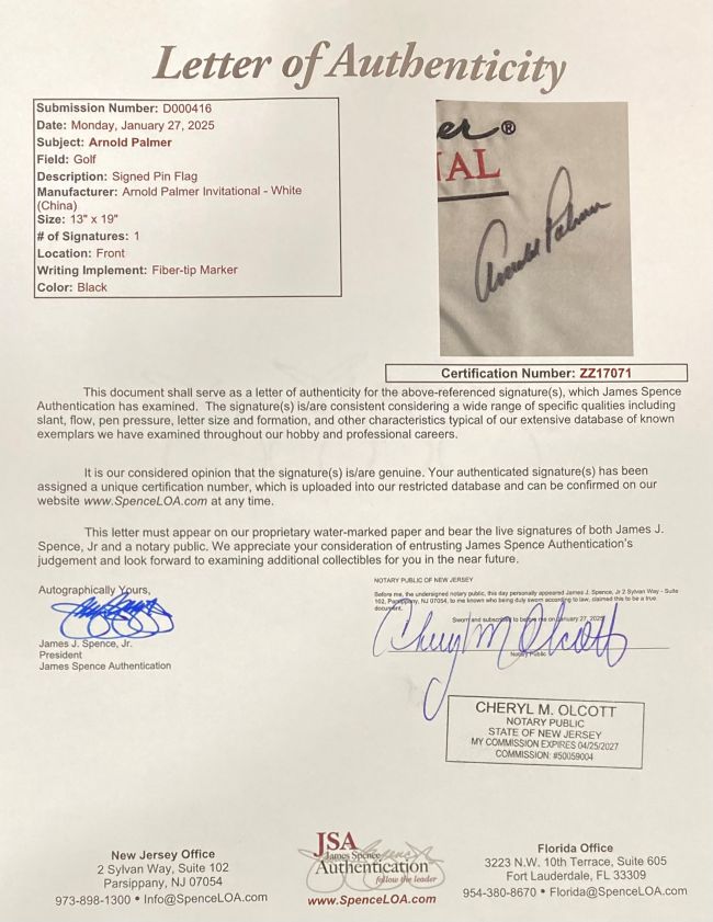 Arnold Palmer Autographed White Golf Flag - Official JSA LOA Certified Collectible - Perfect for Golf Memorabilia Displays & Sports Fan Gifts