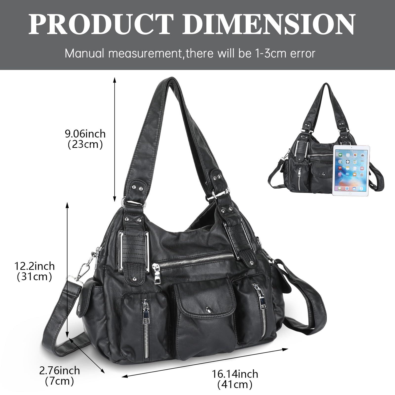Premium Genuine Leather Crossbody Bag for Women - Soft Washed Leather Tote Handbag with Large Capacity - Stylish & Durable Shoulder Purse for Daily Use, Work, Travel & Shopping (Black)