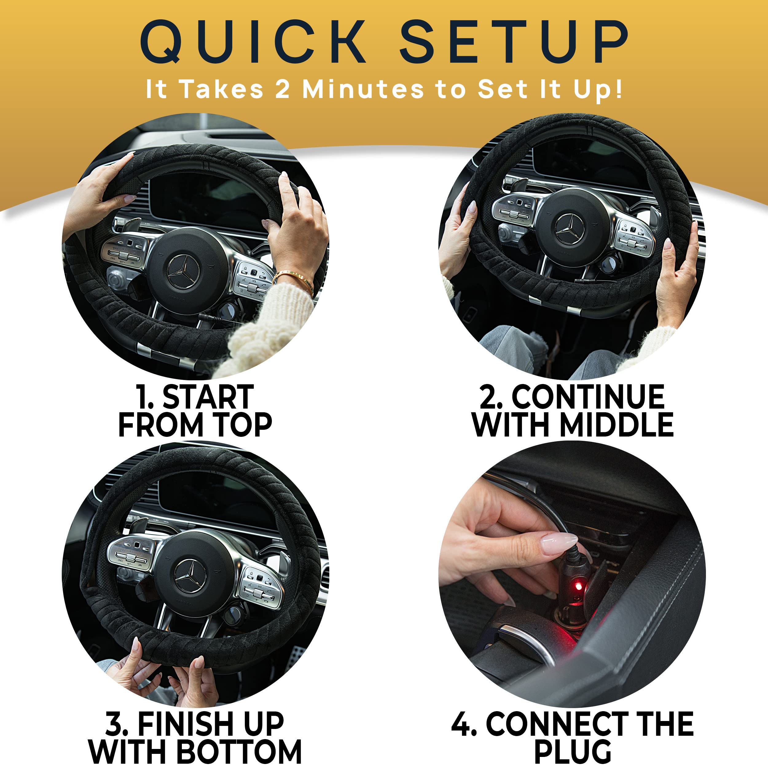 VaygWay 12V Heated Steering Wheel Cover - Premium Soft Plush Car Steering Warmer for Winter Driving, 15