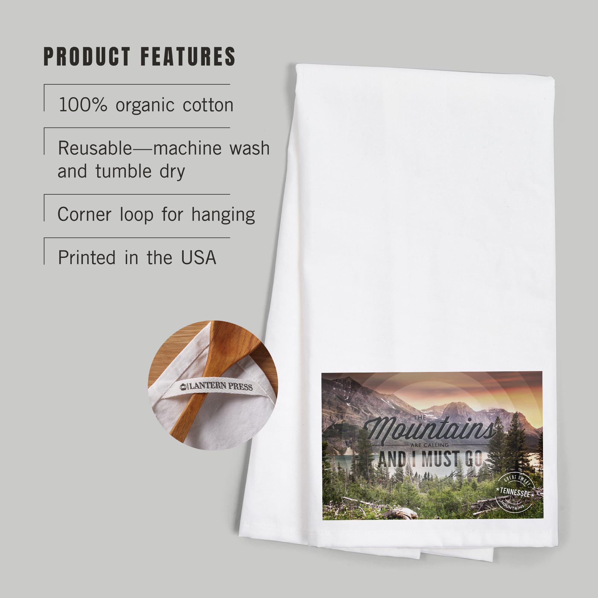 Lantern Press Great Smoky Mountains Cotton Tea Towel - The Mountains Are Calling - 100% Cotton Decorative Hand & Kitchen Towel for Home Decor, Dish Drying & Gift Giving