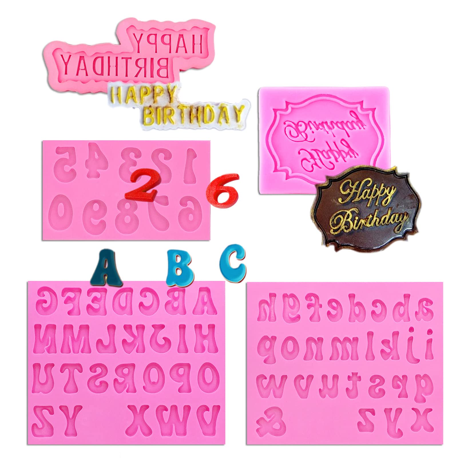 MUYULIN 5-Pack Silicone Letter Molds for Chocolate, Fondant, Cake Decorating - Happy Birthday, Anniversary, Baby Shower Party Supplies - Perfect for Chocolate Covered Strawberries & Cupcake Toppers