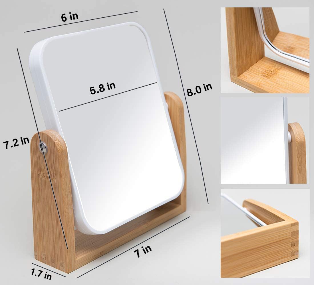 YEAKE 8-Inch Vanity Makeup Mirror with Natural Bamboo Stand - 1X/2X Magnification, Double-Sided 360° Swivel Design - Portable Tabletop Mirror for Bathroom, Bedroom & Dressing Room - Perfect for Makeup, Shaving & Skincare Routines