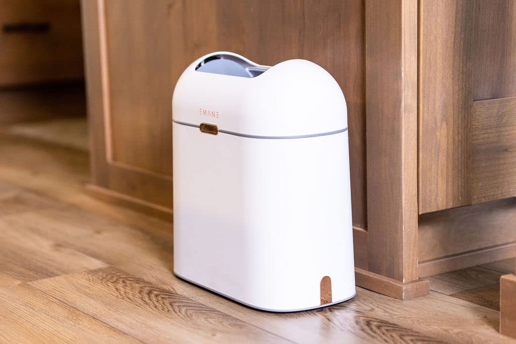 EMANE 13 Gallon Motion Sensor Trash Can with Butterfly Lid - Touchless Automatic Garbage Bin, Waterproof & Odor-Proof for Kitchen, Bathroom, Office - White with Golden Button (Ideal for Hands-Free Waste Disposal in High-Traffic Areas)