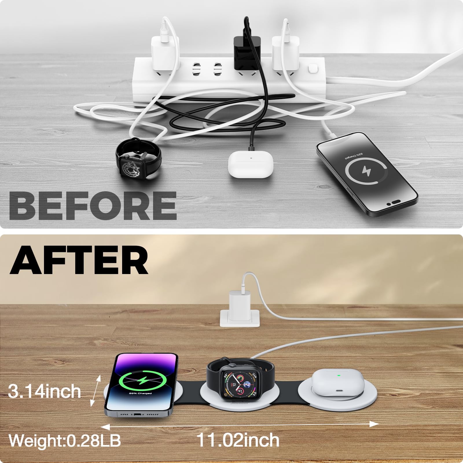 Hicober 3-in-1 Foldable Wireless Charging Station - 18W Fast Charger for iPhone 16/15/14/13 Pro Max Plus, Apple Watch Series & AirPods (Black/White) | Portable Travel Charger for Home, Office & Car Use