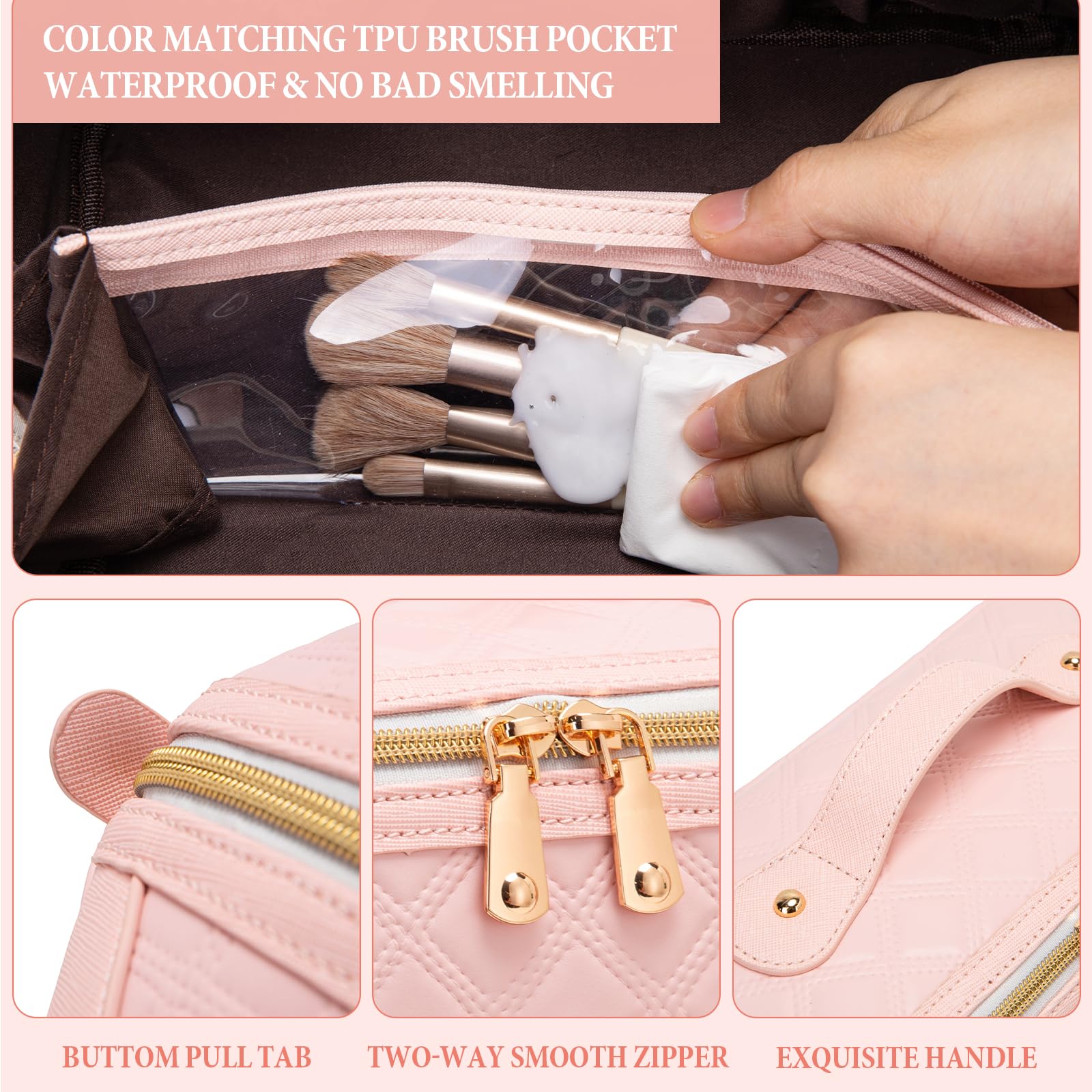 Large Capacity Travel Makeup Bag for Women - PU Leather Checkered Cosmetic Organizer with Handle & Divider, Pink Toiletry Bag | Perfect for Air Travel, Gym, Weekend Getaways & Daily Beauty Storage