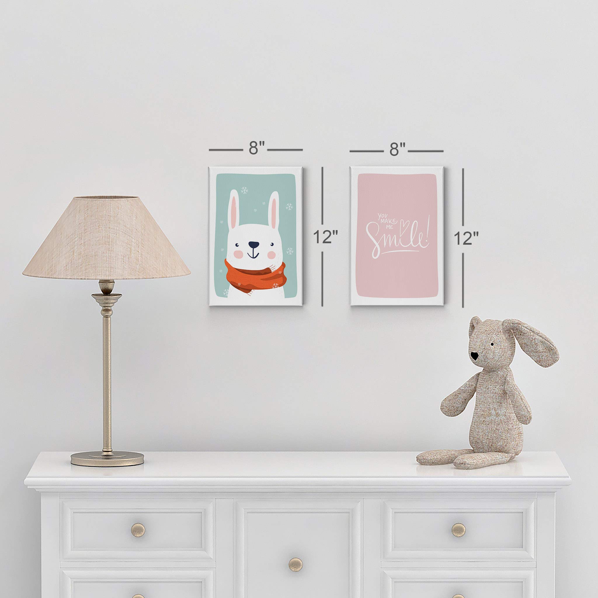 Cute Rabbit & Inspirational Quote Winter Theme Canvas Art Set - Turquoise & Pink Background - 2-Piece Wall Decor for Kids Room, Nursery, Baby Boy & Girl Bedroom - Ready to Hang - Made in USA (28x19 inches each) - Perfect for Children's Room Decor, Birthday Gifts & Nursery Wall Art