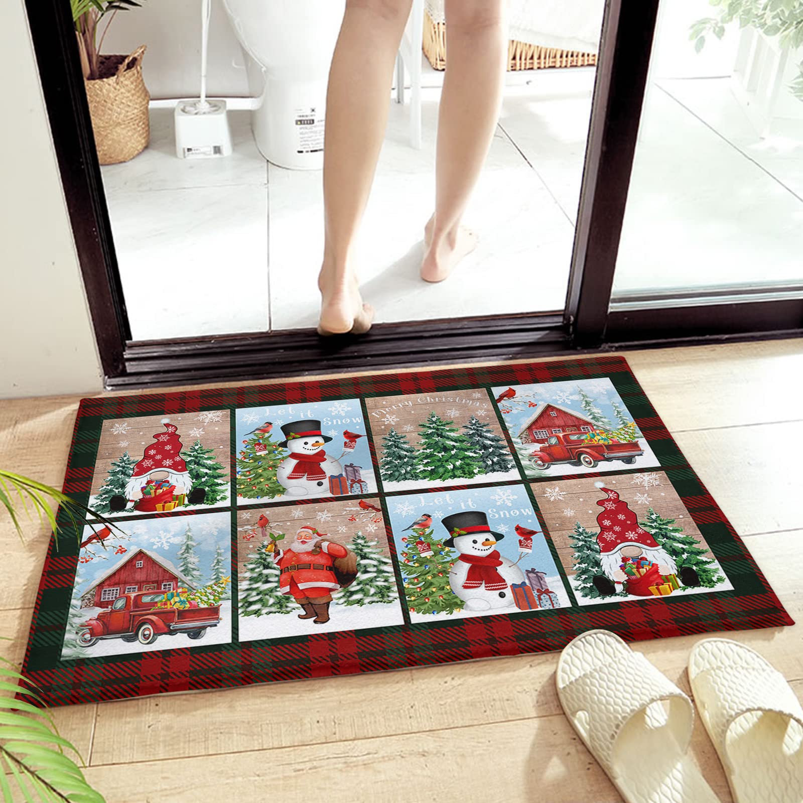 Christmas Gnome Santa Claus Snowman Plaid Bathroom Rug - Non-Slip Water Absorbent Microfiber Soft Plush Shaggy Bath Mat for Shower, Bathtub & Bedroom (20