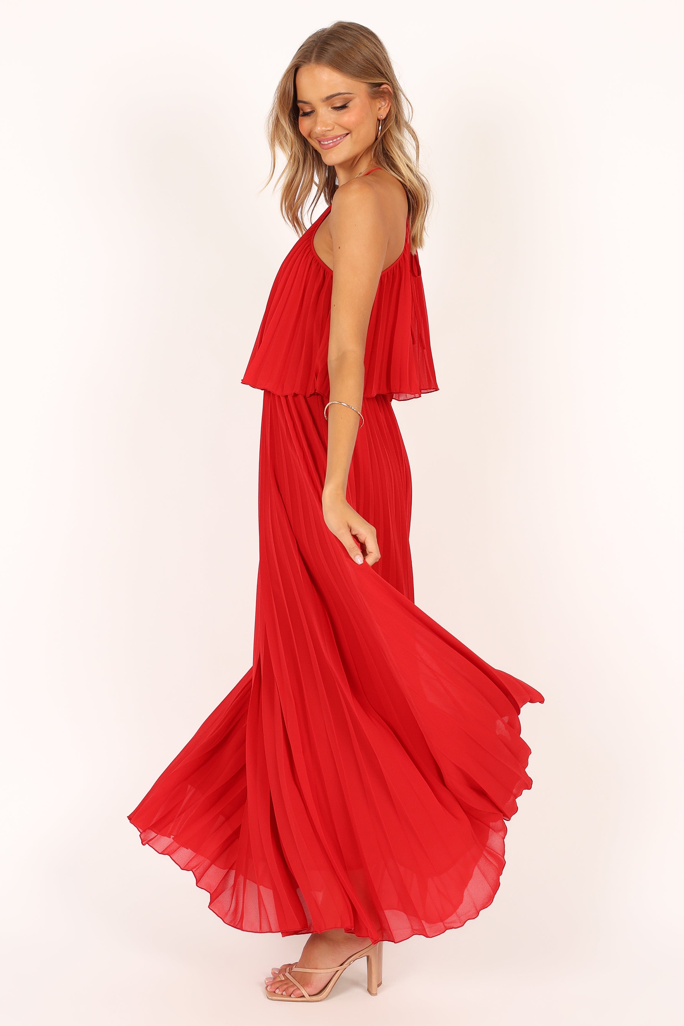 Gia Pleated Halterneck Maxi Dress - Red Flowy Summer Dress for Women, Beach Wedding Guest Outfit & Vacation Party Wear