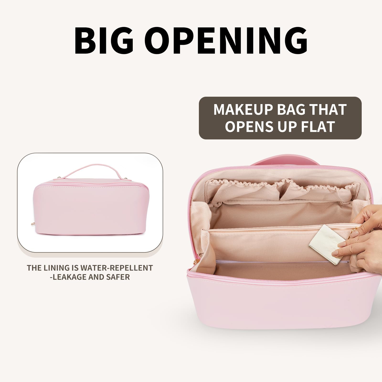 **Pink Travel Makeup Bag for Women - Large Capacity Cosmetic Organizer with Fixed Compartments & Wide Opening, Perfect for Travel, Gym, or Daily Essentials Storage**