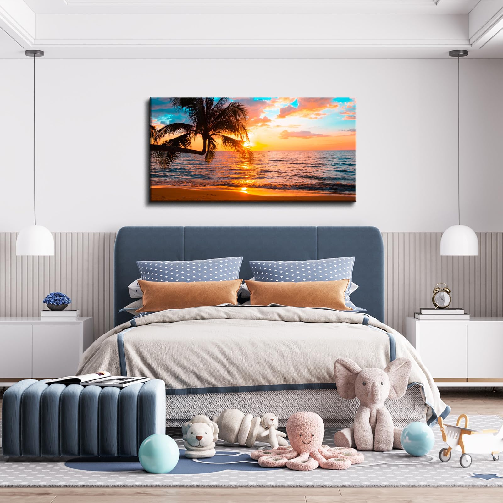 Wewejia Large Canvas Wall Art - Blue Sunset Beach Ocean Landscape Painting for Living Room, Bedroom & Office Decor | Modern Home Wall Decorations & Prints | Perfect for Coastal, Boho & Contemporary Interior Design