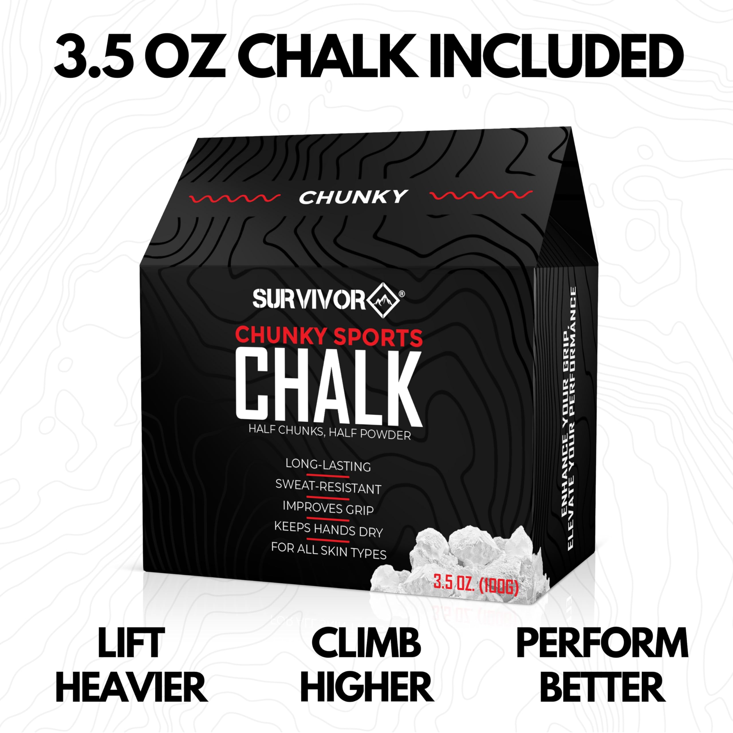 Topographical Map Chalk Bag for Rock Climbing & Bouldering - 3.5oz Chunky Chalk, Drawstring Closure, 2 Zippered Pockets & Brush Holder - Perfect for Indoor Climbing Gyms & Outdoor Adventures