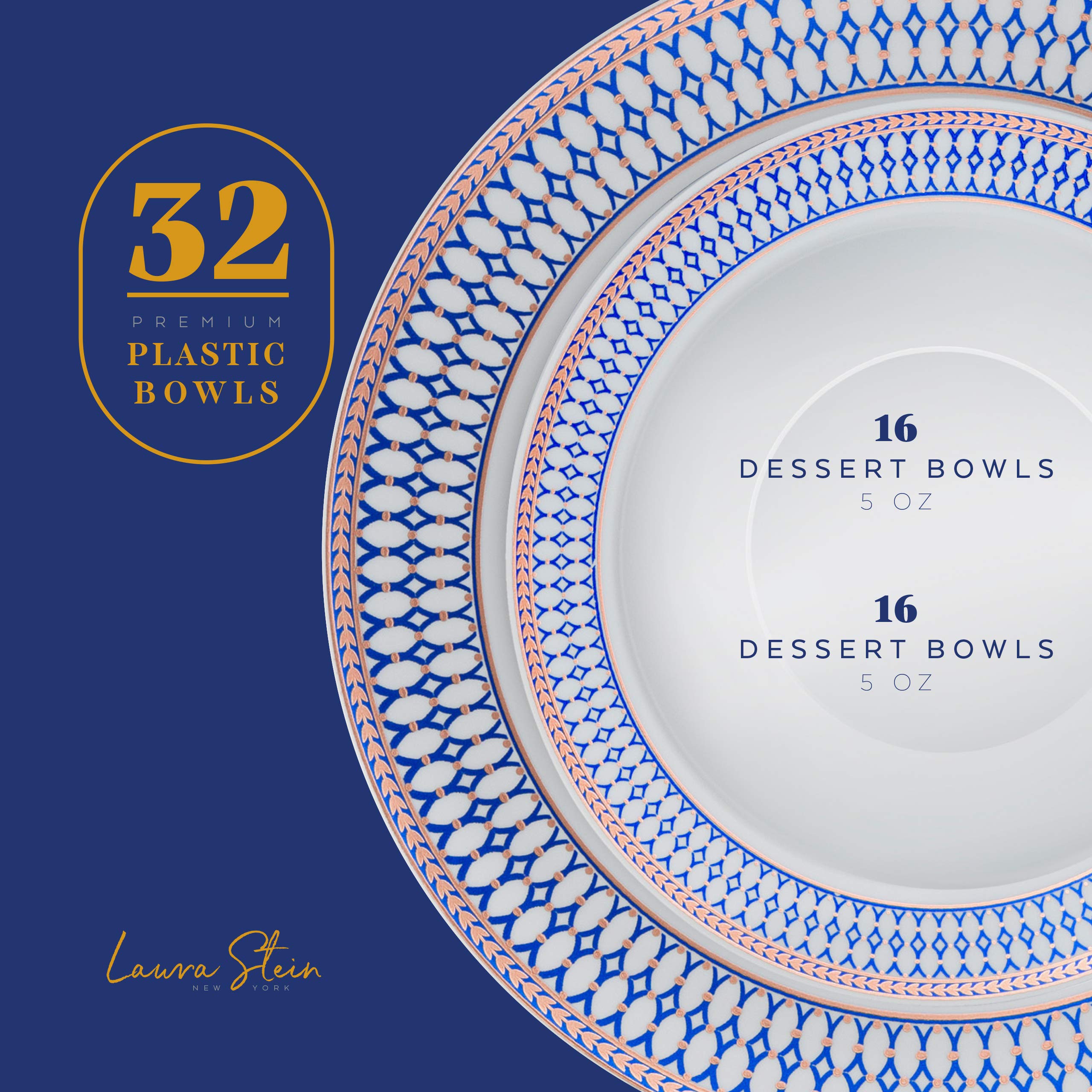 Laura Stein Elegant Disposable Dinnerware Set - 32-Piece Plastic Party Bowls for Weddings & Events - 16 White Soup Bowls (12 oz) & 16 Dessert Bowls (5 oz) with Blue Rim & Rose Gold Accents - Perfect for Wedding Receptions, Bridal Showers, Birthday Parties & Formal Gatherings