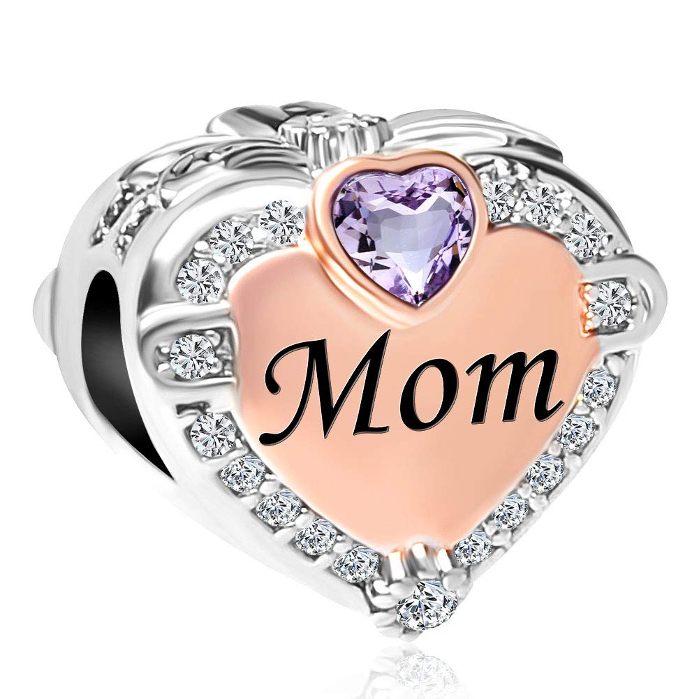 ReisJewelry Rose Gold Plated Heart Love Mom Charm Beads for Bracelets - Perfect Gift for Mother's Day, Birthday & Anniversary