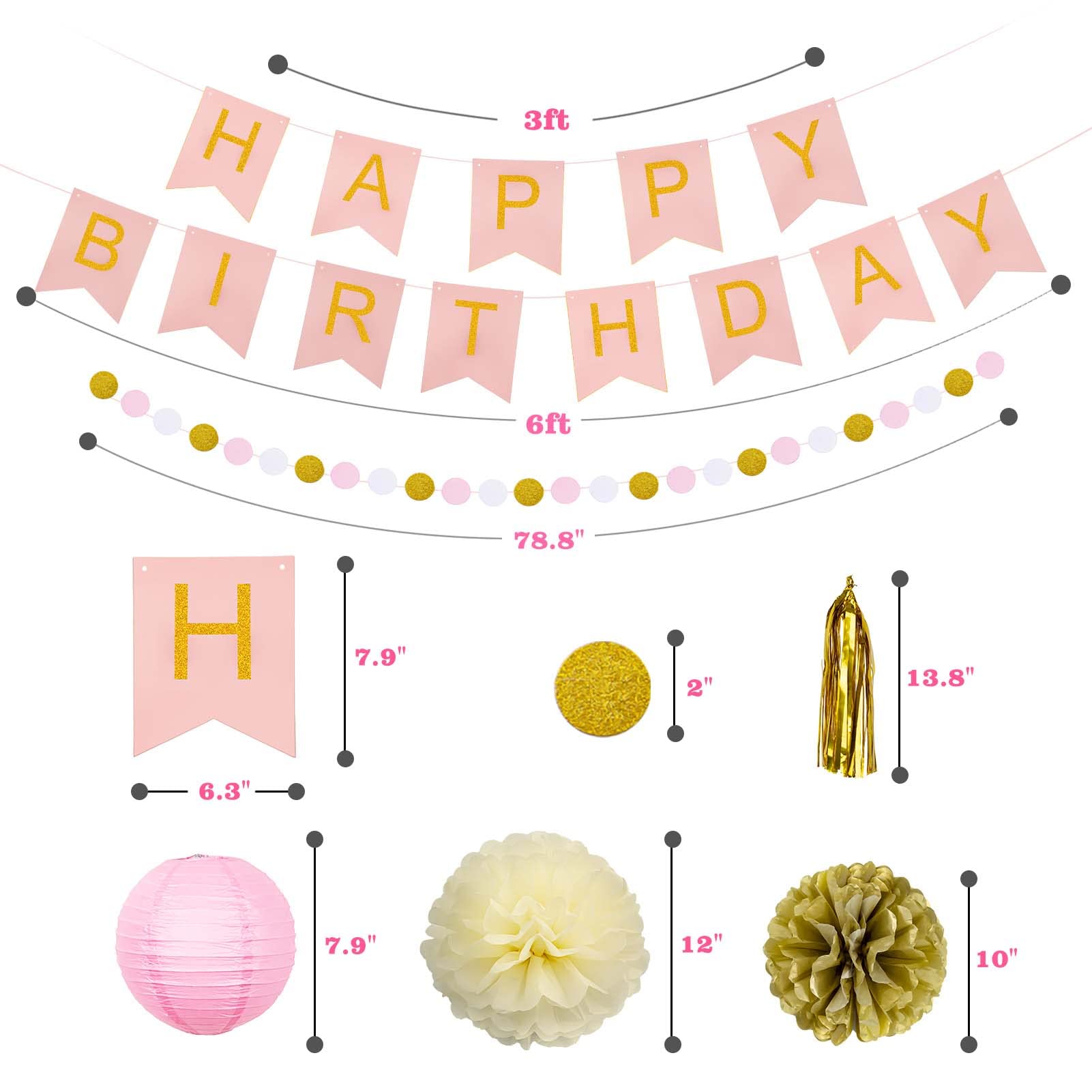 Meowtastic Pink & Gold Birthday Party Decorations Kit - Happy Birthday Banner, Tissue Pom Poms, Tassel Garland, Paper Lanterns & Circle Dot Garland - Perfect for Women & Girls Birthday Celebrations, Baby Showers & Bridal Showers