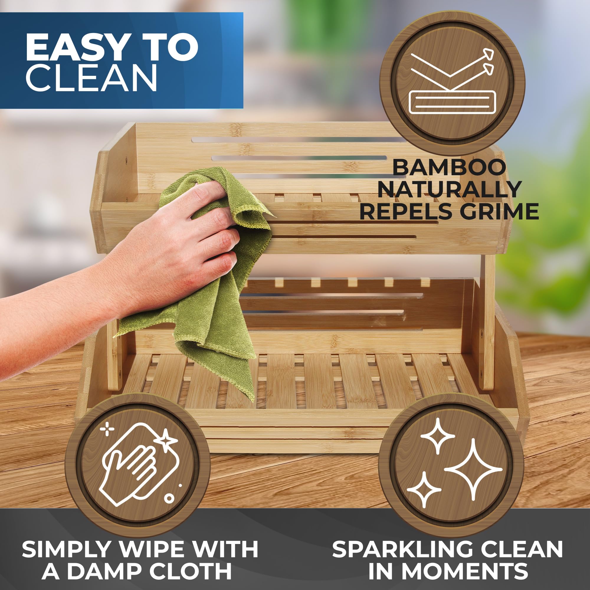 2 Tier Bamboo Fruit Basket with Banana Hanger Hooks - Wooden Kitchen Countertop Organizer for Fruits & Vegetables - Perfect for Home Kitchen, Fruit Shops, and Pantry Storage