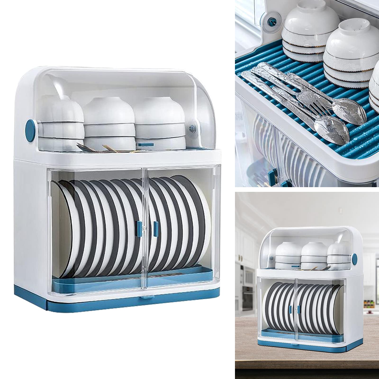 2-Tier Dish Drying Rack with Drain Board & Transparent Dust Cover - Space Saving Kitchen Organizer for Plates, Cups, Utensils - Perfect for Small Kitchens, Apartments & RVs
