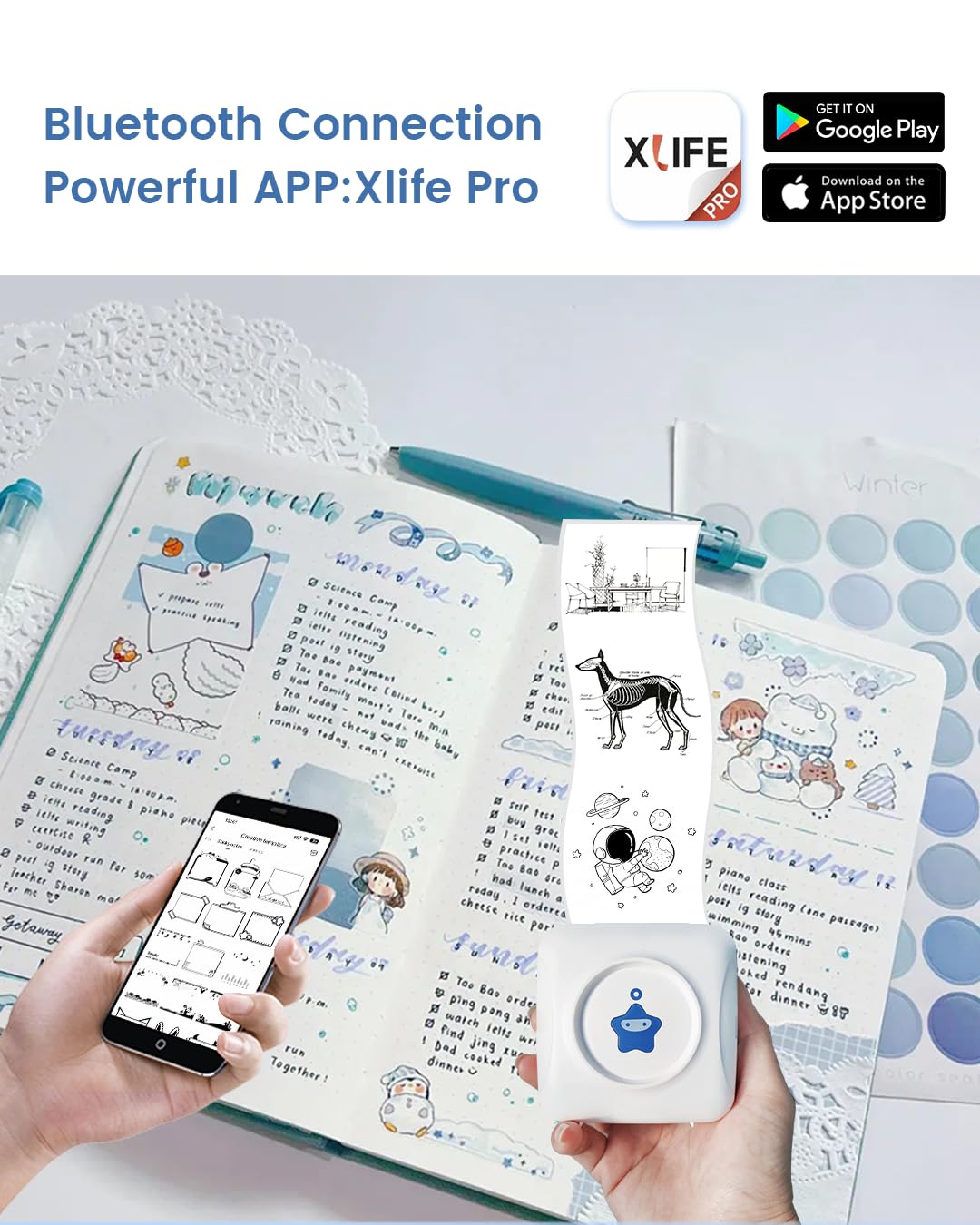 Portable Thermal Printer for Stickers & Photos - Mini Bluetooth Wireless Printer Compatible with iPhone, Android - Pocket Photo Printer for DIY Projects, Travel, Business & Home Use with 10x Printing Paper