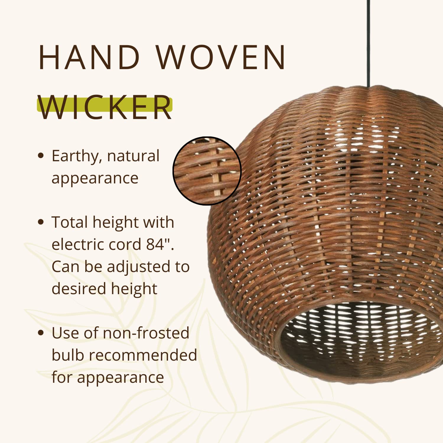 KOUBOO Wicker Ball Pendant Light - Rustic Brown Rattan Ceiling Lamp for Farmhouse, Boho, and Coastal Home Decor - Perfect for Dining Room, Bedroom, and Patio Lighting
