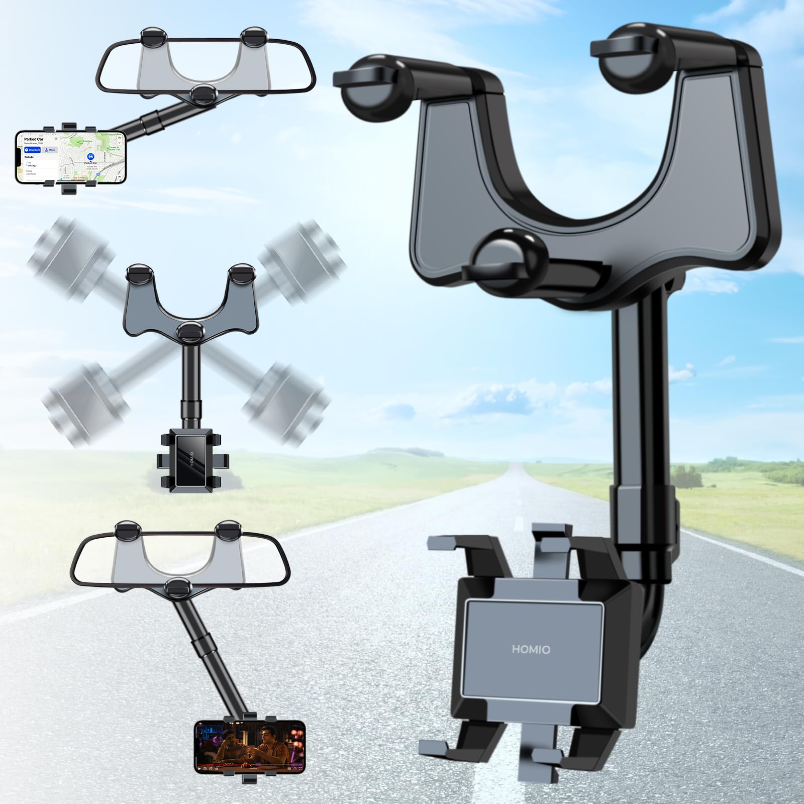 360° Rotatable Adjustable Car Rearview Mirror Phone Holder - 2024 Upgraded Retractable Phone Mount Clip for iPhone & Android - Perfect for GPS Navigation, Hands-Free Calling & Road Trips