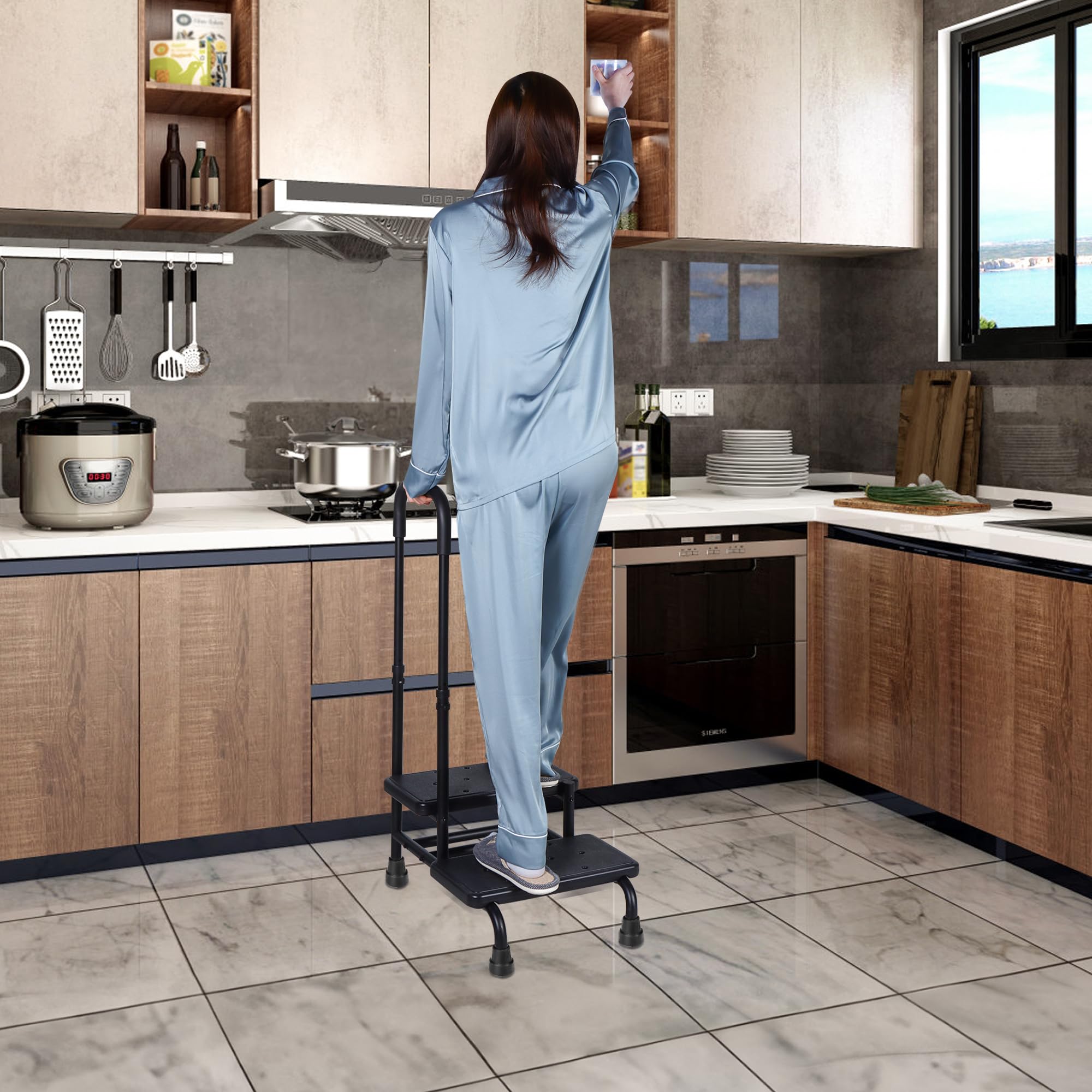 REAQER 2-Step Stool with Handle for Adults & Seniors - Non-Slip Medical Foot Stool with Handrail, Supports 350 lbs - Perfect for Bathroom, Kitchen, and Mobility Assistance (Black)