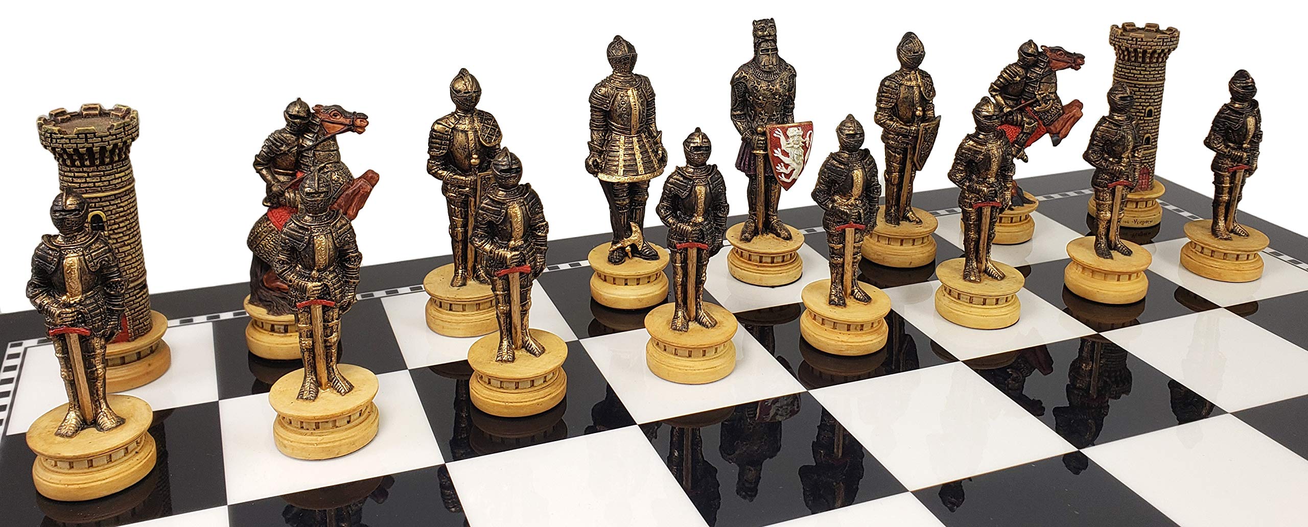 Medieval Crusades Gold & Silver Armored Knights Chess Set - 17 Inch Black & White Storage Board - Perfect for Collectors, Home Decor & Strategy Game Lovers