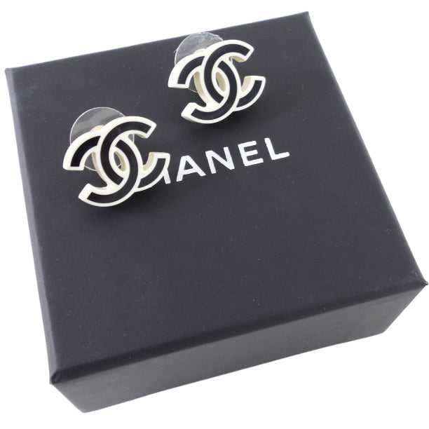 Chanel 22S Black and Ivory Resin CC Stud Earrings for Women | Luxury Fashion Jewelry Gift for Her | Perfect for Parties, Weddings & Special Occasions