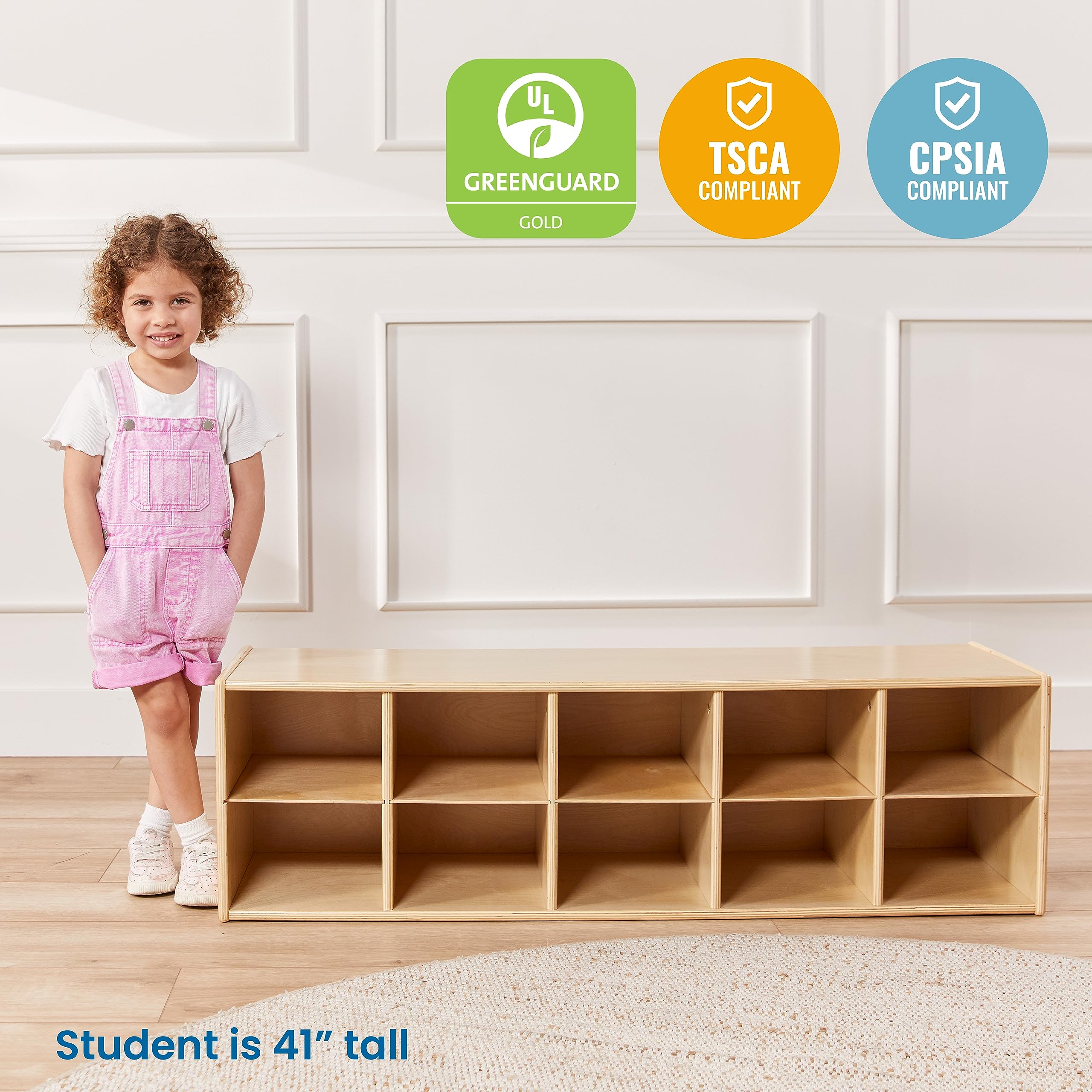 ECR4Kids 10-Cubby Storage Cabinet with Trays, 2x5 Organizer for Classroom, School, or Home - Natural Wood Kids Toy & Book Storage Shelf