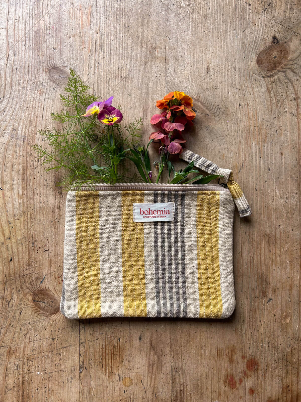 Jaipur Stripe Medium Pouch in Vibrant India Yellow | Handmade Cotton Storage Bag for Travel, Makeup & Jewelry Organization